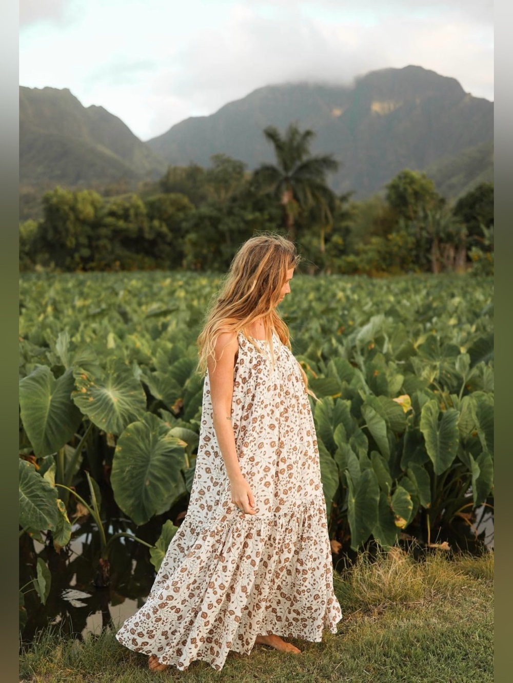 New! Daughters of India Lopa Cream Brown Floral Boho Print Cotton Maxi Dress🤎 XL